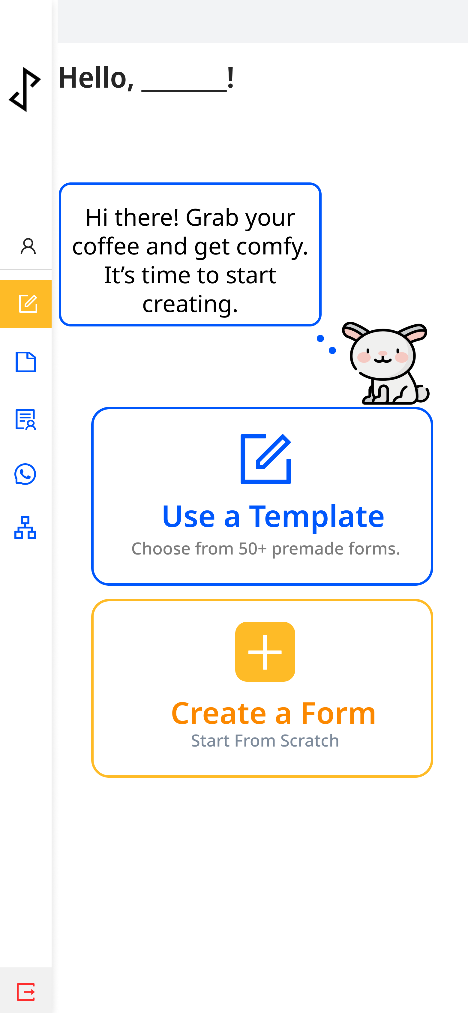 The JoyForm mobile start screen, offering to use a template or create a form from scratch.